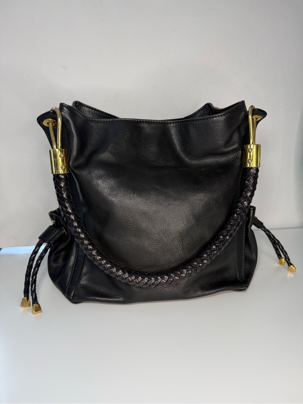 Michael Kors Black Braided-Handle Shoulder Hobo with Gold-Tone Accents